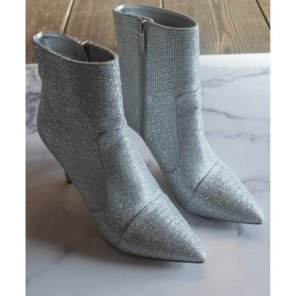 MICHAEL KORS Rue Rhinestone Pointed Toe Stiletto Booties Silver Size 8 Bling Y2K